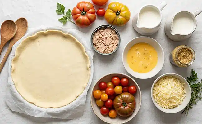 Ingrédients simples pour préparer une quiche au thon et à la tomate : thon, tomates, œufs, lait/crème, moutarde et gruyère.