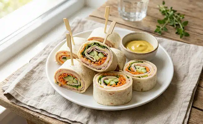 Wraps roulés jambon–fromage–crudités