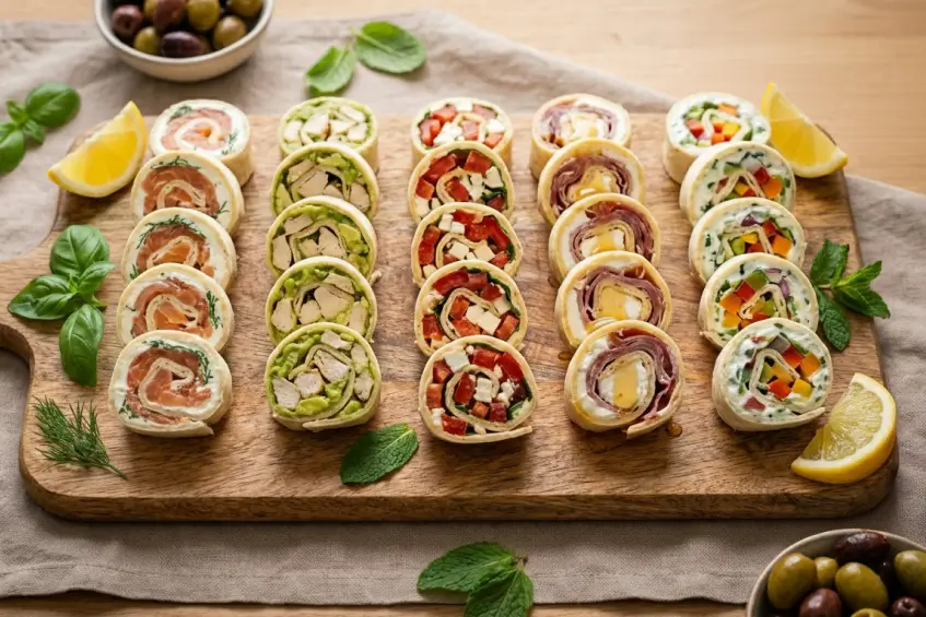 Recettes wrap apéro froid facile plateau de 5 variétés de wraps roulés colorés sur planche en bois
