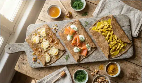 Trois galettes bretonnes garnies chèvre miel noix, saumon fumé et poulet curry