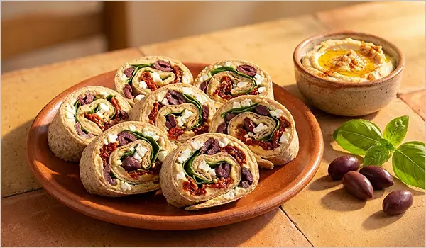 Wrap méditerranéen végétarien froid houmous feta tomates séchées sur assiette terracotta