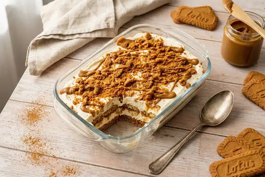 Recette tiramisu spéculoos facile dans un plat en verre avec couches visibles de biscuits et crème mascarpone