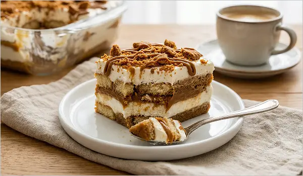 Part de tiramisu spéculoos facile avec couches visibles de mascarpone et biscuits