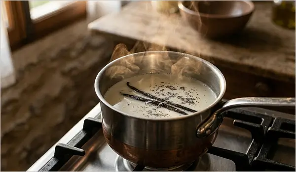 Casserole contenant du lait chaud avec gousse de vanille fendue et graines
noires pour infuser la crème dessert vanille maison, vapeur légère.