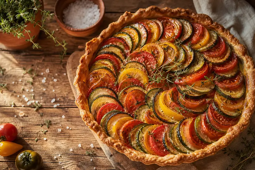 Tarte aux légumes du soleil maison — courgettes, tomates et poivrons dorés au four