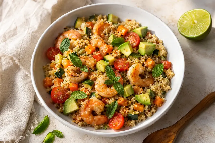 Bowl de repas du soir léger : quinoa, crevettes poêlées et légumes croquants au citron vert dans un bol blanc.