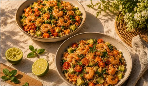 Bowl healthy de quinoa et crevettes dressé sur une table estivale, prêt à être dégusté.