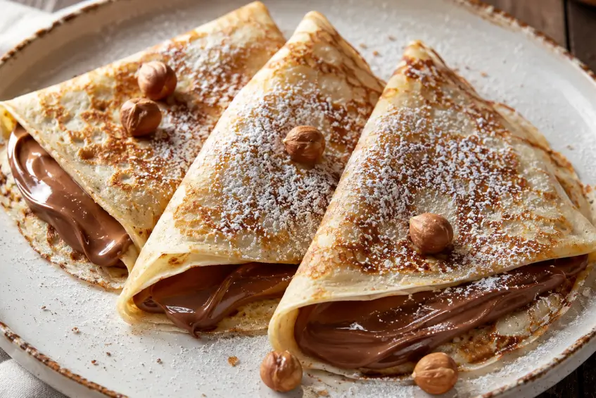 Crêpes au Nutella dorées pliées en quatre sur une assiette blanche avec du sucre glace