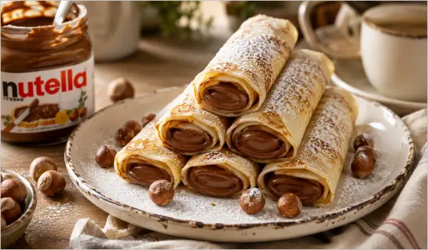 Crêpes roulées au Nutella présentées avec des noisettes et du sucre glace